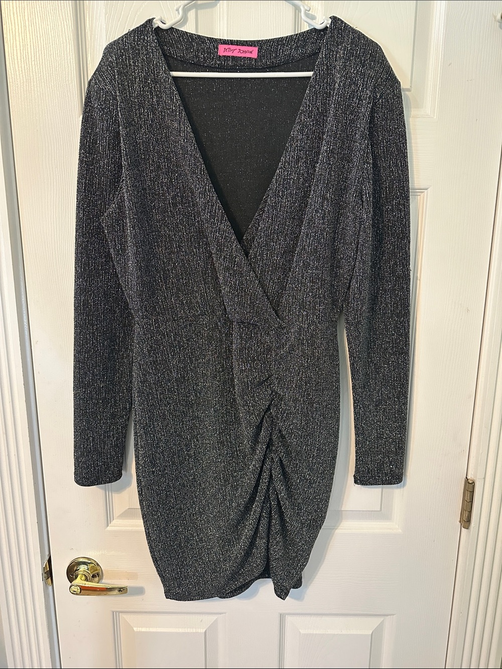 Betsey Johnson Silver-Threaded Black Long Sleeve Wrap Dress